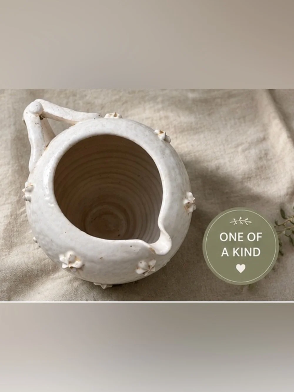 Vintage Handmade White Ceramic Pitcher Floral Cottagecore Vase